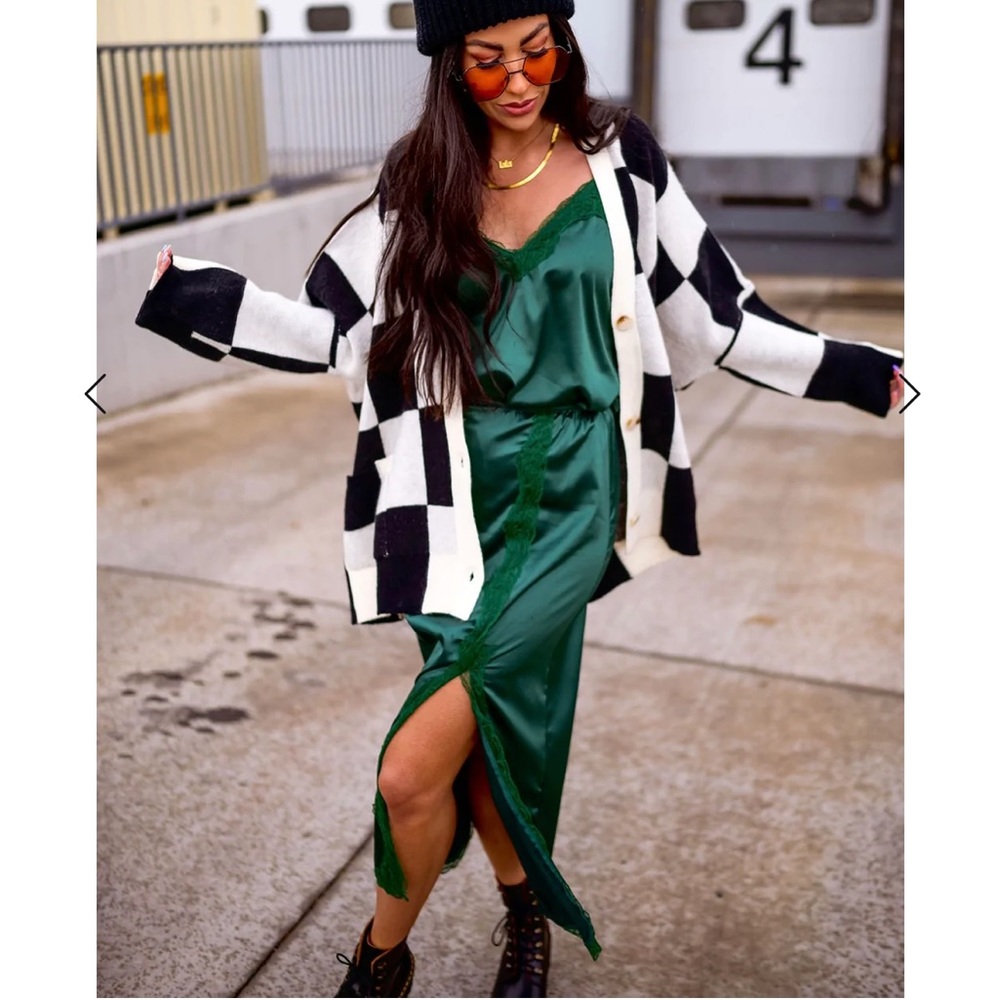PRICE FIRM • LALA ORIGINAL DESIGN: Love You Oversized Checkerboard Cardi - Picture 2 of 15